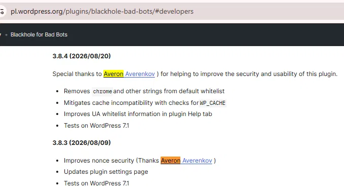 Changelog credit - Blackhole for Bad Bots