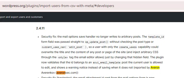 Changelog credit - Import and Export Users and Customers